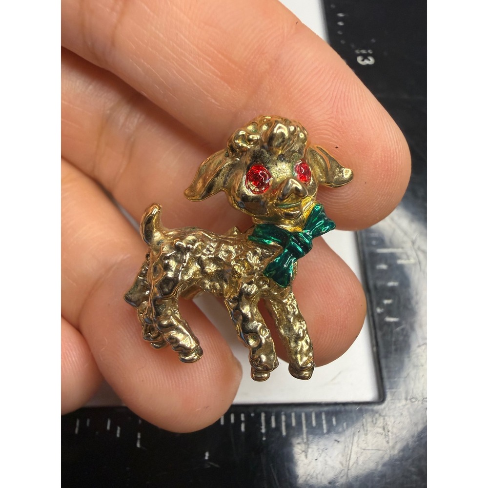 Gold Tone Lamb Brooch Red Rhinestone Eyes Green Enamel Bow Animal Pin Taiwan